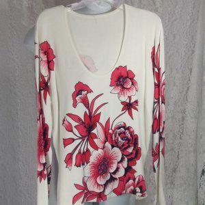 KnIt Sweater Ivory with Red Floral Print Bling Bead Accents  NWOT